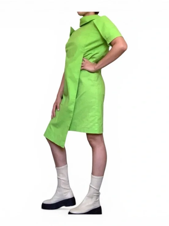 Handmade Architectural Lime Green Cotton Shift Dress - Avant Garde Mini - Picture 5 of 12